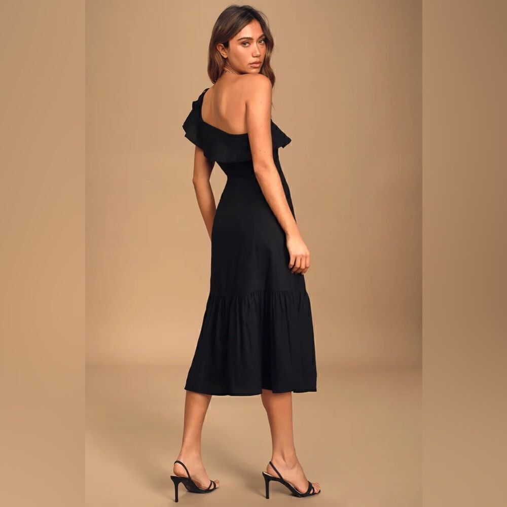 LULUS Sun-Kissed Memories One-Shoulder Ruffled Linen Blend Midi Dress *NEW* - Picture 2 of 16